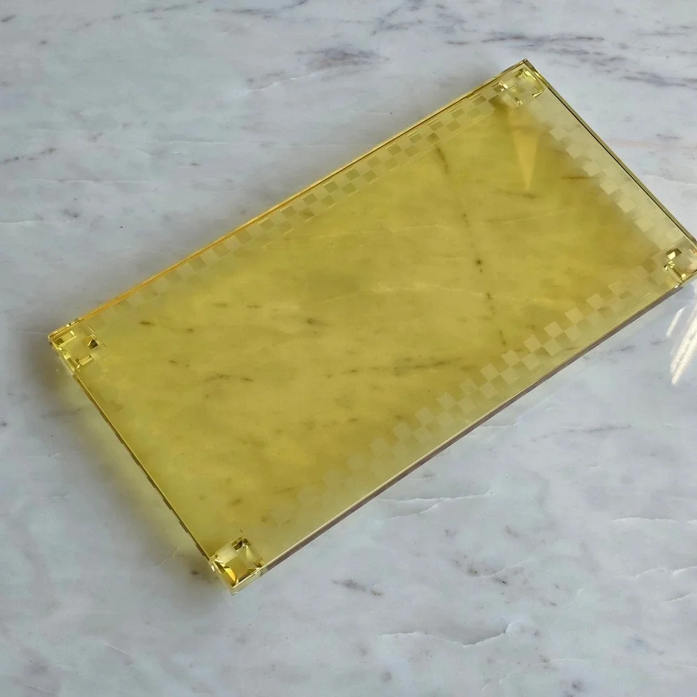 Oleg Cassini yellow glass crystal Vanity dresser Tray Checkerboard trivet Vtg